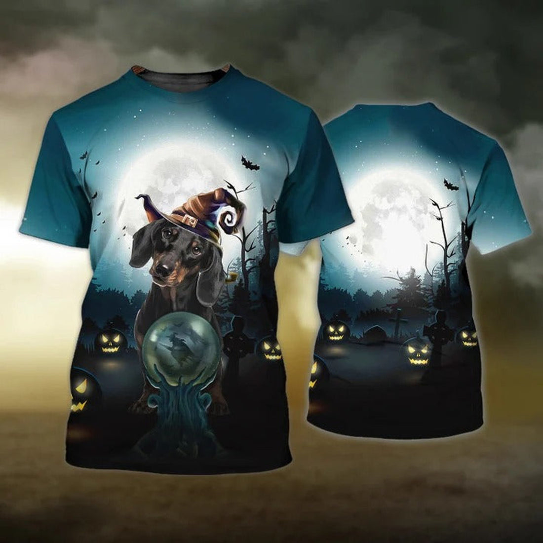 FUNSTUFFPRINT 3D All Over Print Happy Halloween Dachshund T-Shirt, Halloween Dog Shirt For Men Women 3D T-shirt
