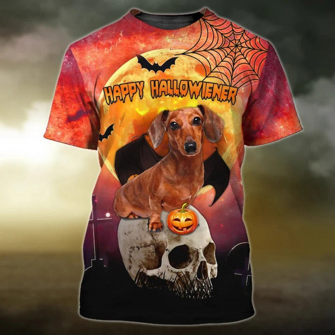 FUNSTUFFPRINT Happy Halloween Dachshund T-Shirt, Dog And Skull 3D Print On Shirt, Halloween Gifts 3D T-shirt