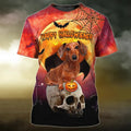 FUNSTUFFPRINT Happy Halloween Dachshund T-Shirt, Dog And Skull 3D Print On Shirt, Halloween Gifts 3D T-shirt