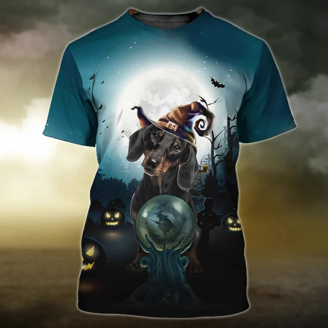 FUNSTUFFPRINT 3D All Over Print Happy Halloween Dachshund T-Shirt, Halloween Dog Shirt For Men Women 3D T-shirt
