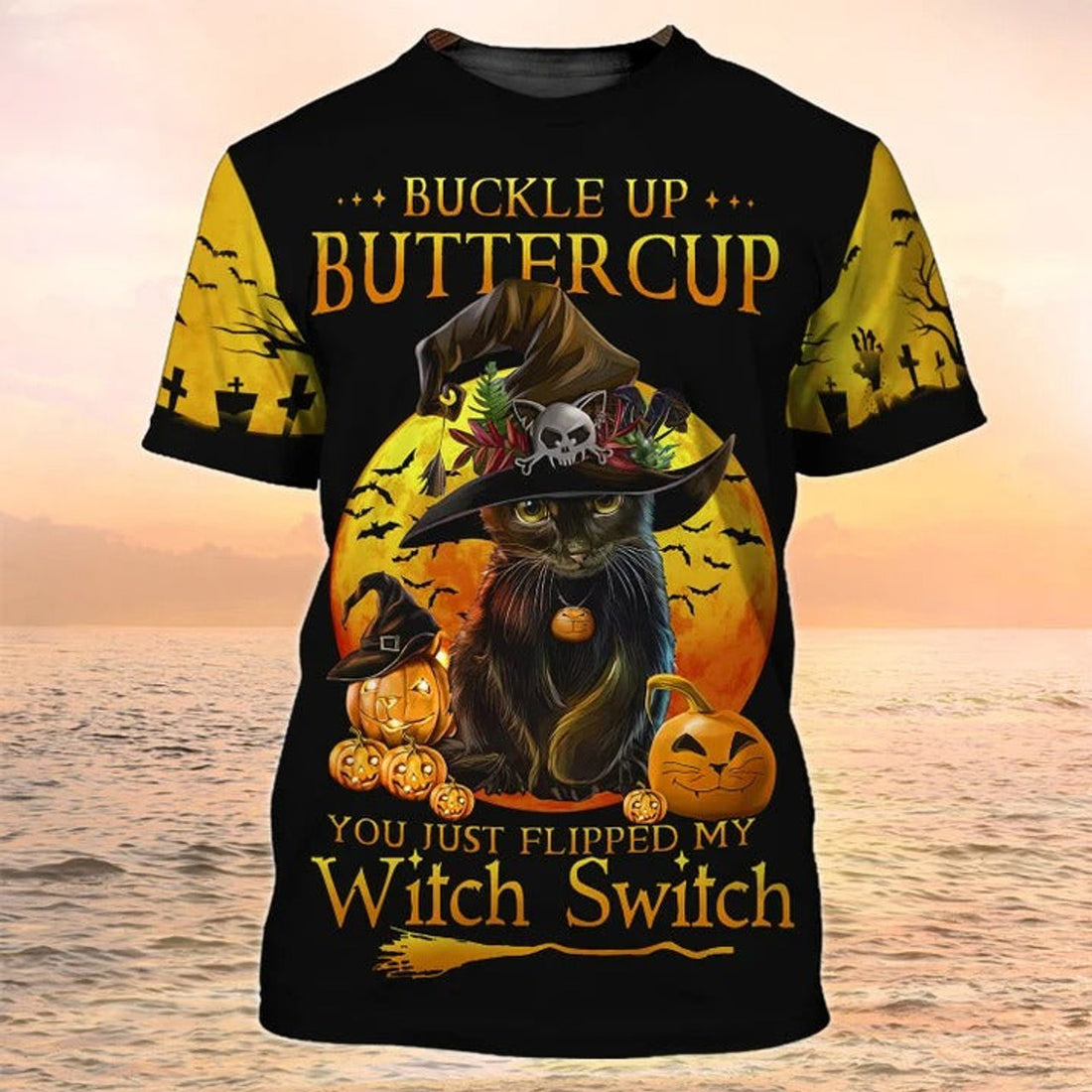FUNSTUFFPRINT 3D Funny Witch Cat Halloween T-Shirt Halloween Tee Shirt, Flipped My Witch Switch 3D T-shirt