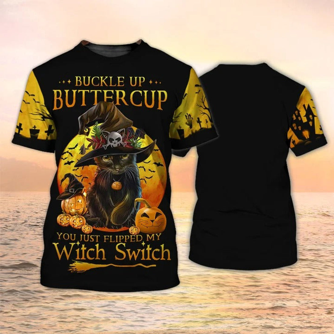 FUNSTUFFPRINT 3D Funny Witch Cat Halloween T-Shirt Halloween Tee Shirt, Flipped My Witch Switch 3D T-shirt