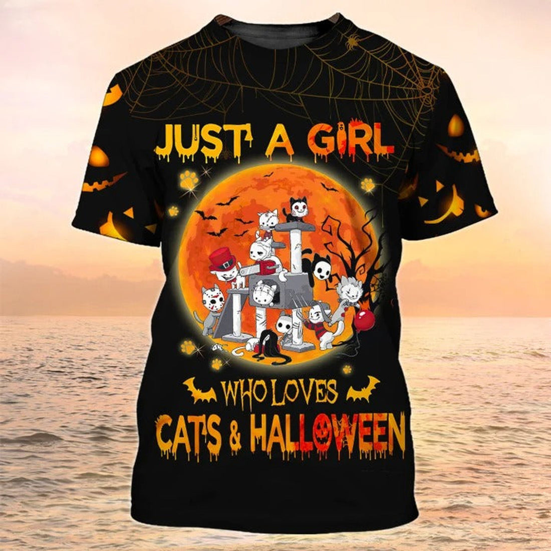 FUNSTUFFPRINT 3D All Over Print Halloween Shirt Just A Girl Who Loves Cats And Halloween 3D T-shirt