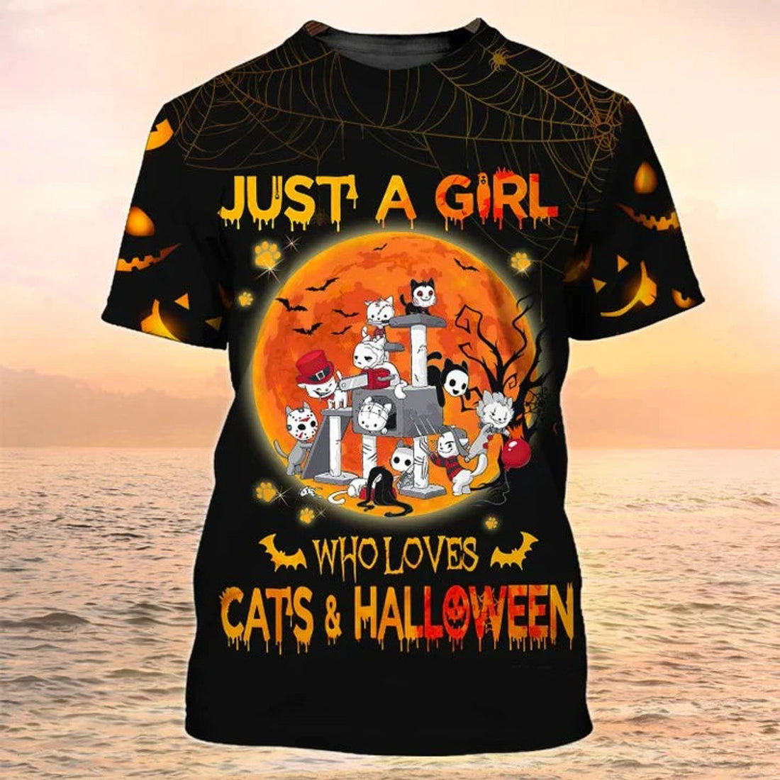 3D All Over Print Halloween Shirt Just A Girl Who Loves Cats And Halloween T-Shirt