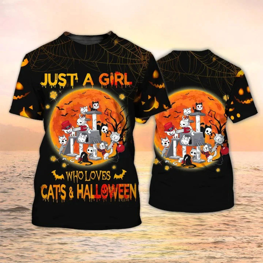 3D All Over Print Halloween Shirt Just A Girl Who Loves Cats And Halloween T-Shirt