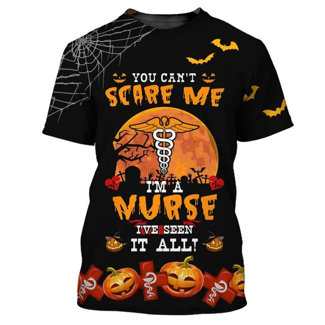 FUNSTUFFPRINT Halloween Nurse T-Shirt, You Can't Scare Me Halloween Gift For Nurse 3D T-shirt