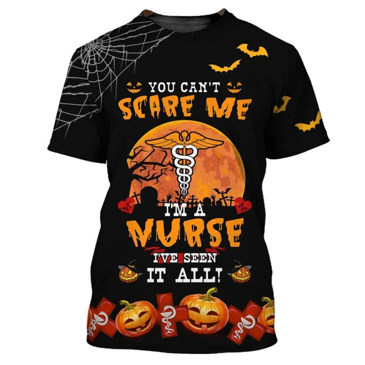 FUNSTUFFPRINT Halloween Nurse T-Shirt, You Can't Scare Me Halloween Gift For Nurse 3D T-shirt