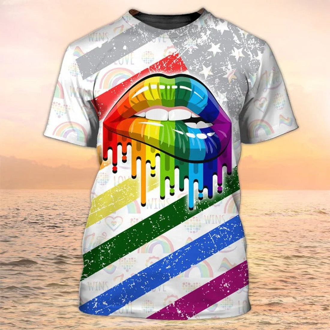 FUNSTUFFPRINT Lesbian Rainbow Lips Pride T-Shirt, Gay 3D All Over Print T-Shirt, Couple Lesbian Gift 3D T-shirt