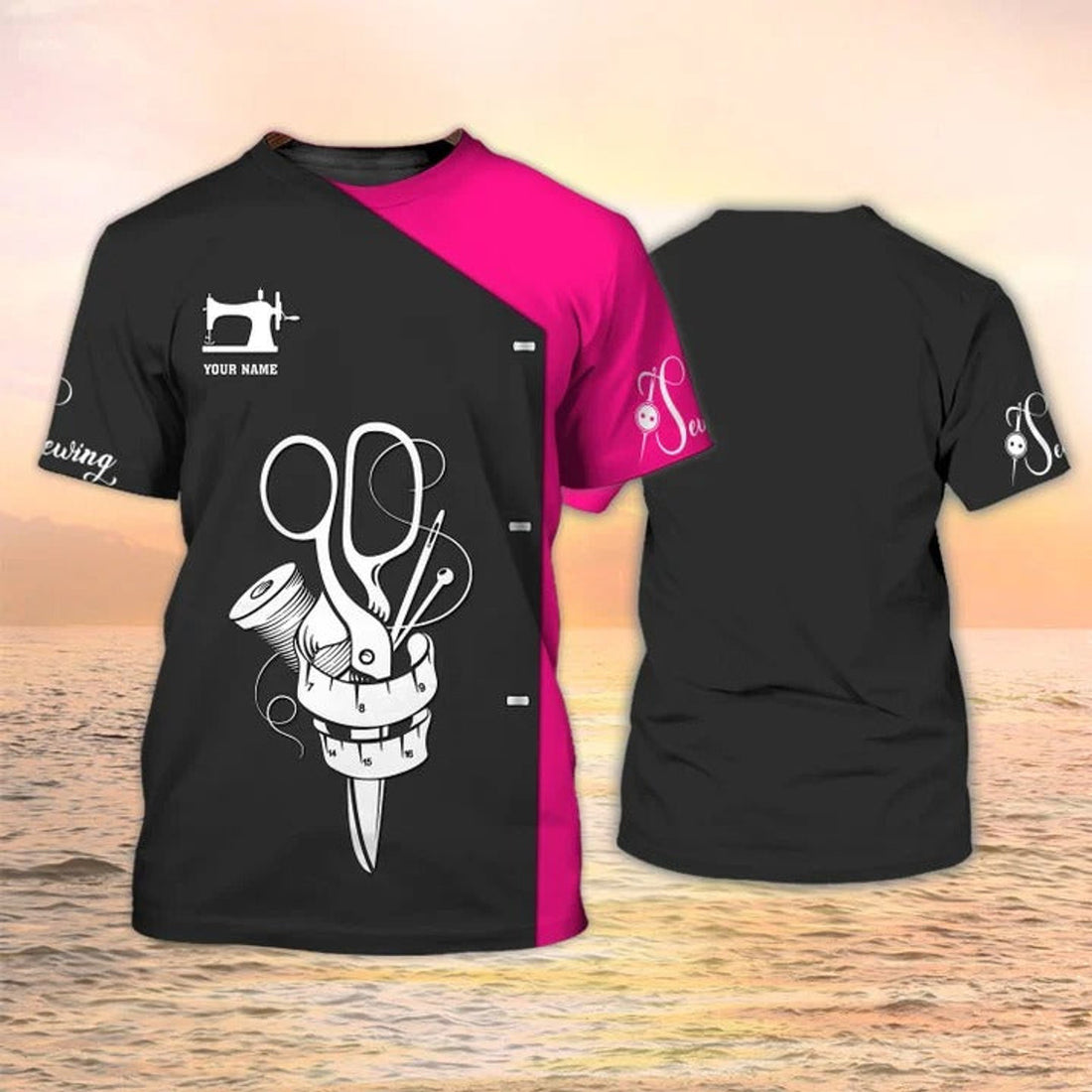 FUNSTUFFPRINT Personalized Name 3D Sewing Tools T-Shirt, Sewing Shirt Black Pink Pattern, Tailor Gifts 3D T-shirt