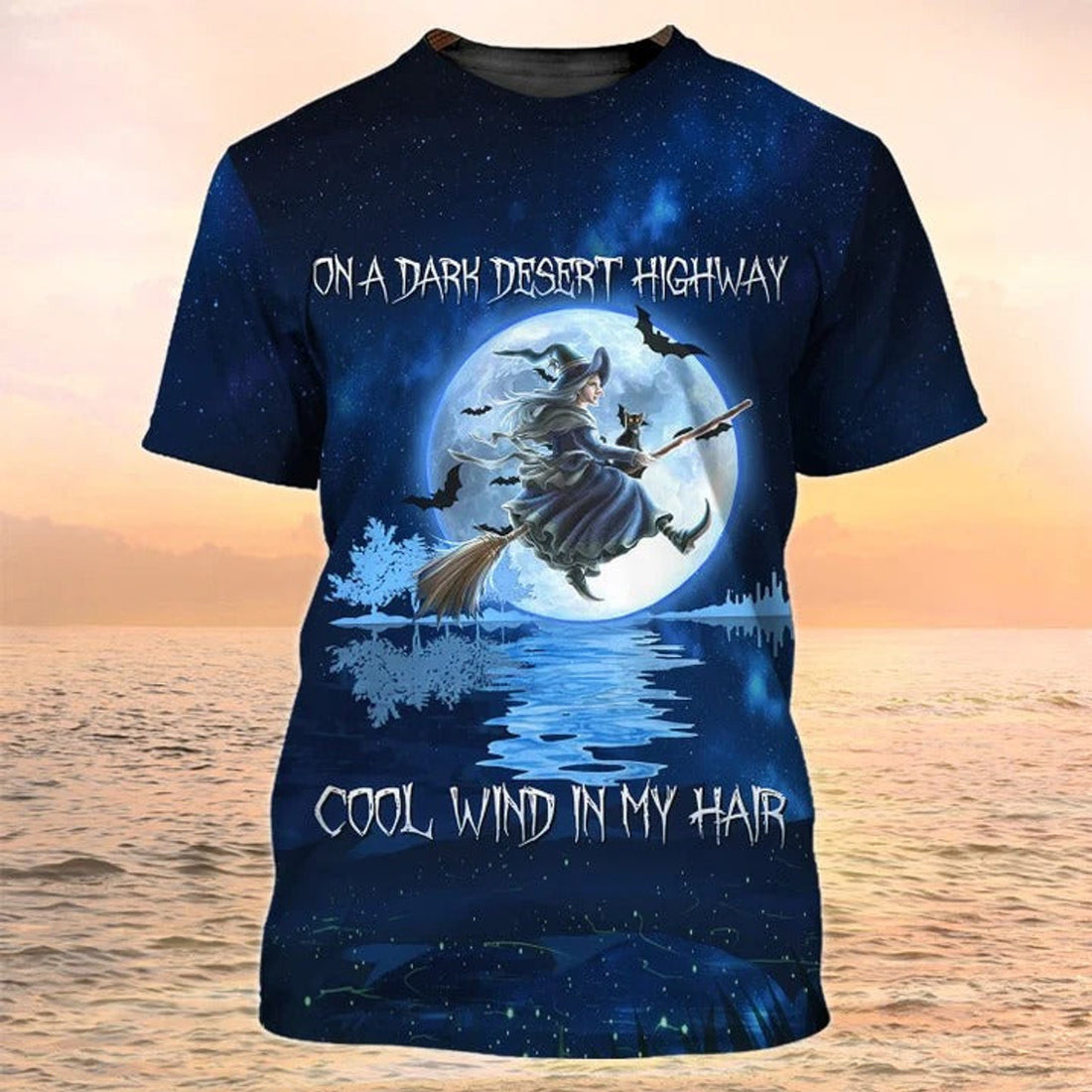 FUNSTUFFPRINT Halloween Shirts Witch And Cat, On A Dark Desert Highway Cool Wind In My Hair, Cute Halloween Shirt 3D T-shirt