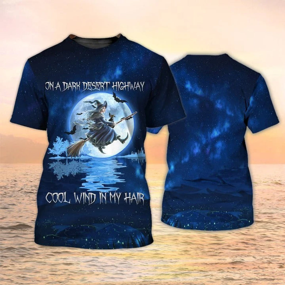 FUNSTUFFPRINT Halloween Shirts Witch And Cat, On A Dark Desert Highway Cool Wind In My Hair, Cute Halloween Shirt 3D T-shirt
