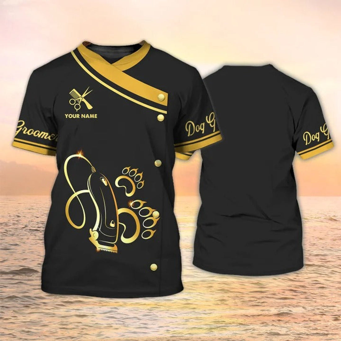 FUNSTUFFPRINT Dog Groomer Apparel Dog Grooming Custom T-Shirt Grooming Uniform Black & Gold 3D T-shirt