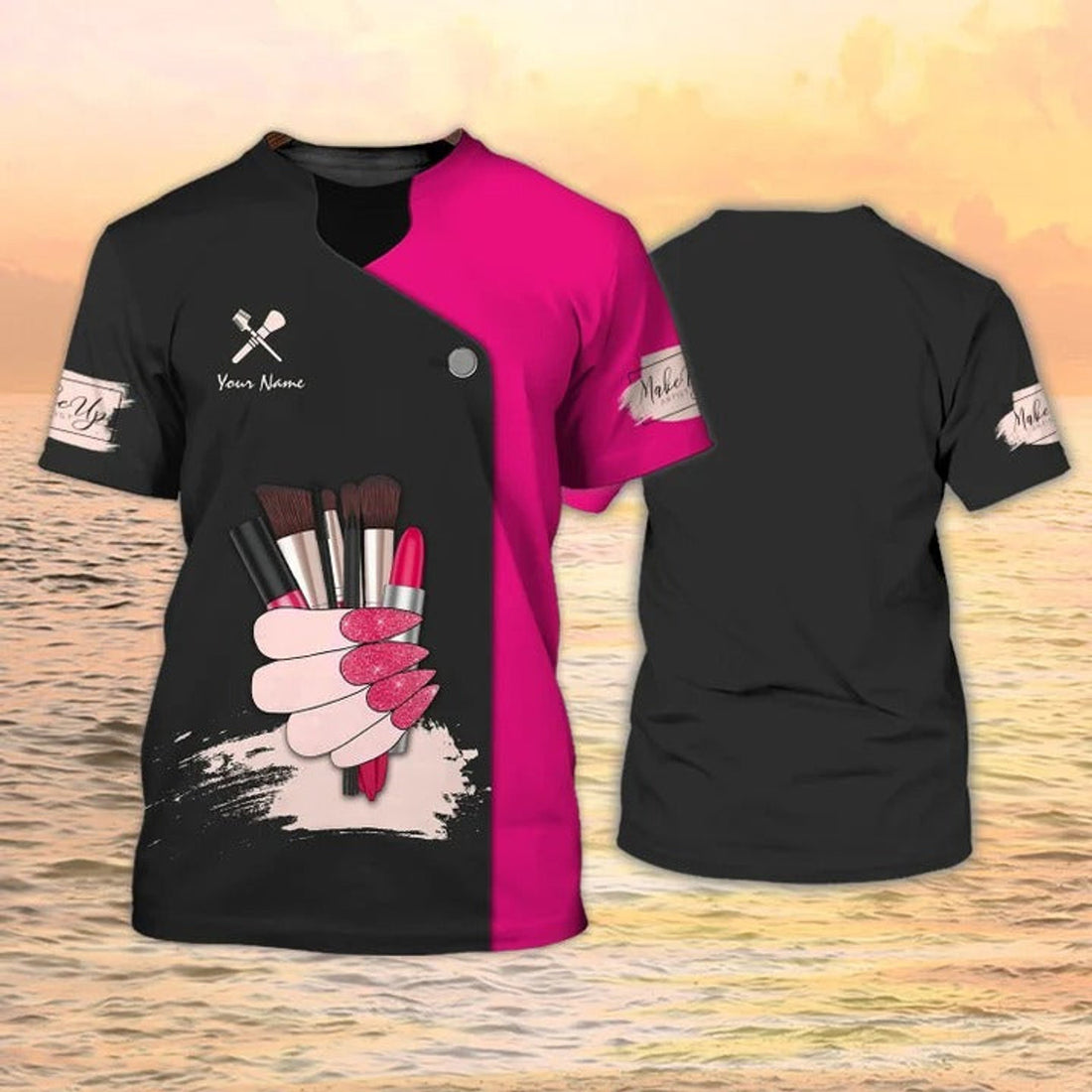 FUNSTUFFPRINT Custom 3D Print Make Up T-Shirt, Make up ArtisT-Shirts Makeup Uniform Black Pink 3D T-shirt