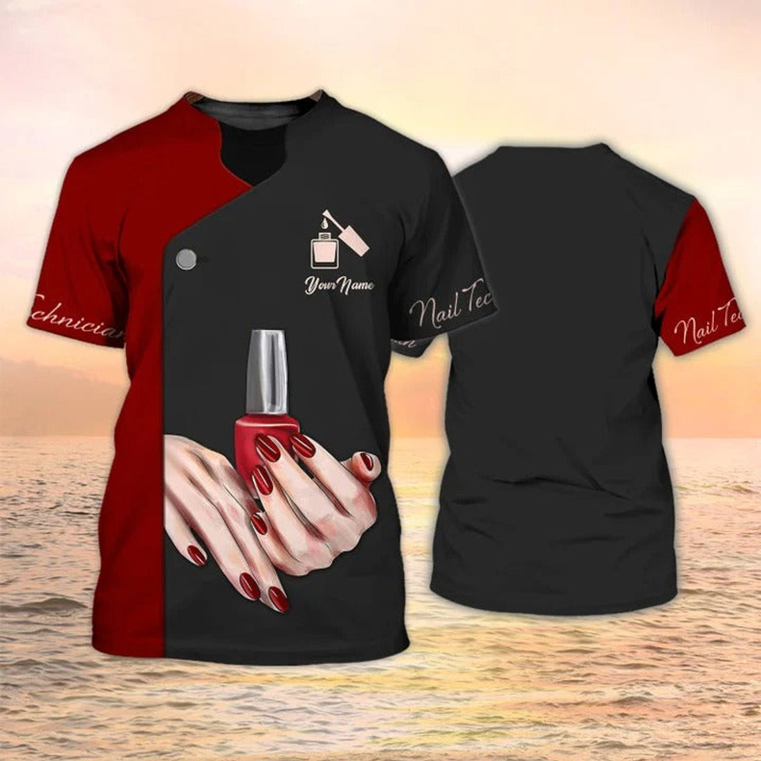 FUNSTUFFPRINT Nail Technician T-Shirt Custom Nail Salon Uniform Manicurist Gift Black Red [Non Workwear] 3D T-shirt