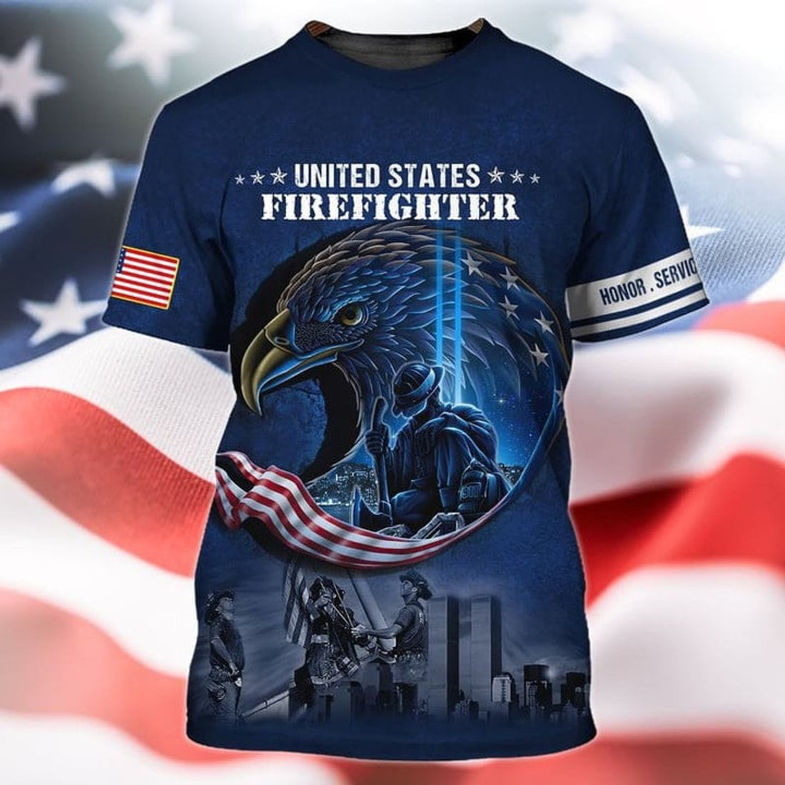 FUNSTUFFPRINT United States Firefighter 3d Full Print Eagle Honor Service Firefighter 3D T-shirt