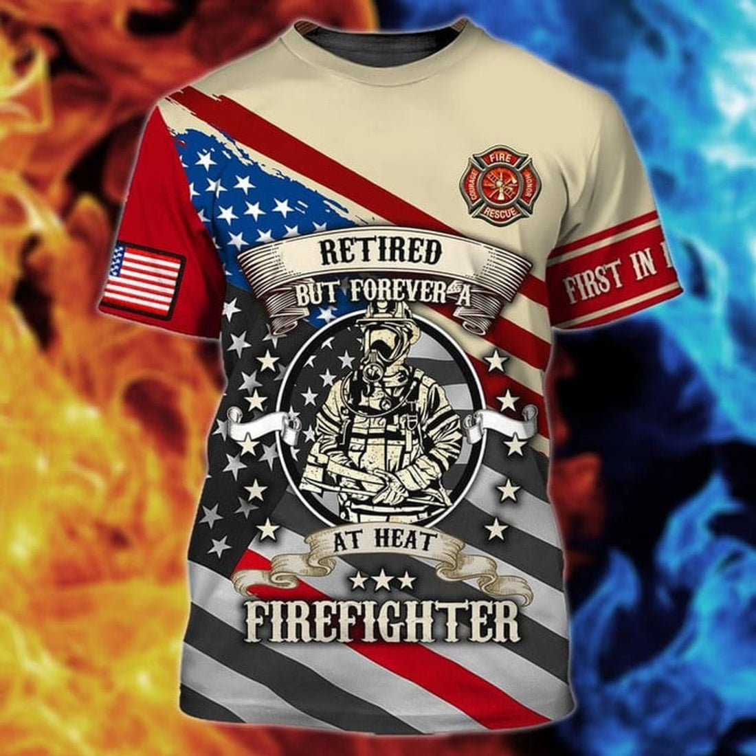 FUNSTUFFPRINT Retired But Forever Firefighter 3D Shirt, First In Last Out American Flag Memorial 3D T-shirt