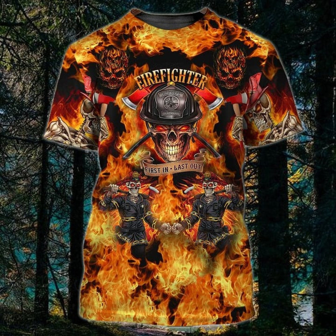 FUNSTUFFPRINT Skull Fire Pattern Firefighter 3D Shirt, First In Last Out, Skull Shirt 3D T-shirt