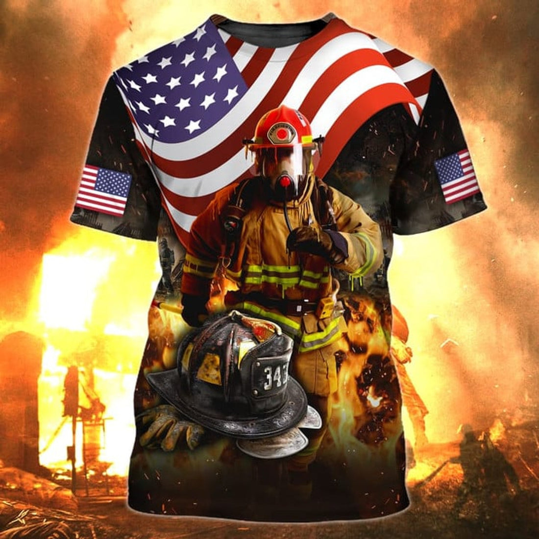 FUNSTUFFPRINT Never Forget Firefighter Flag American Pattern 3D Shirt, Gift for Firefighter 3D T-shirt