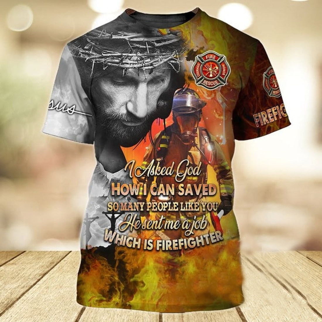 FUNSTUFFPRINT Jesus The Original Firefighter T-Shirt, Jesus Send Me a Job It Firefighter 3D Shirt 3D T-shirt