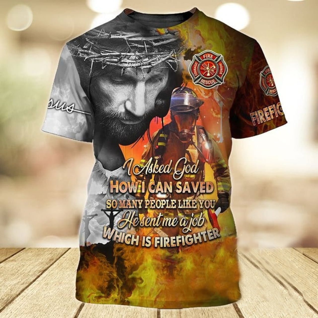 FUNSTUFFPRINT Jesus The Original Firefighter T-Shirt, Jesus Send Me a Job It Firefighter 3D Shirt 3D T-shirt