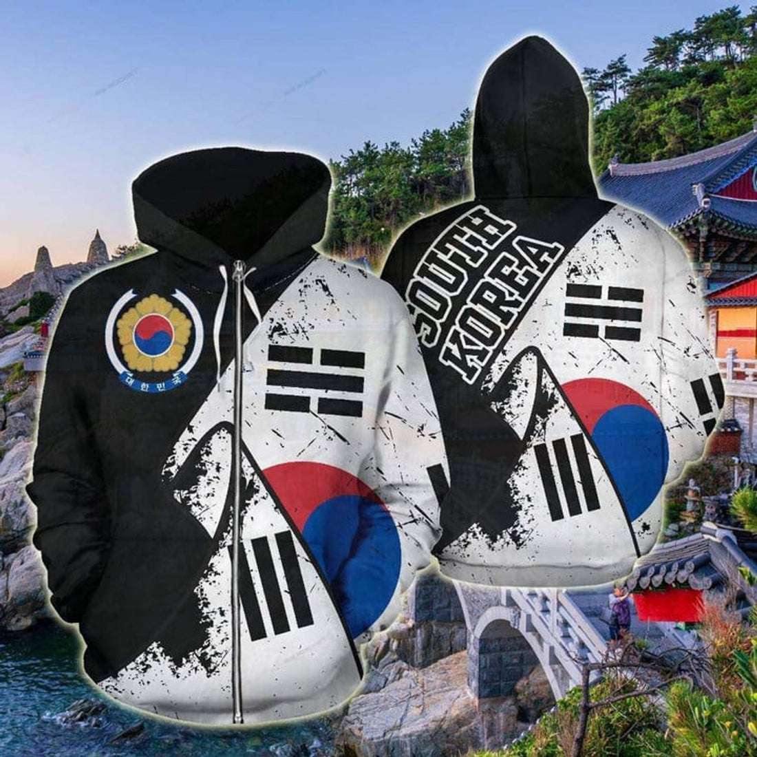 FUNSTUFFPRINT South Korea Special Grunge Flag 3D Hoodie and Zip Hoodie