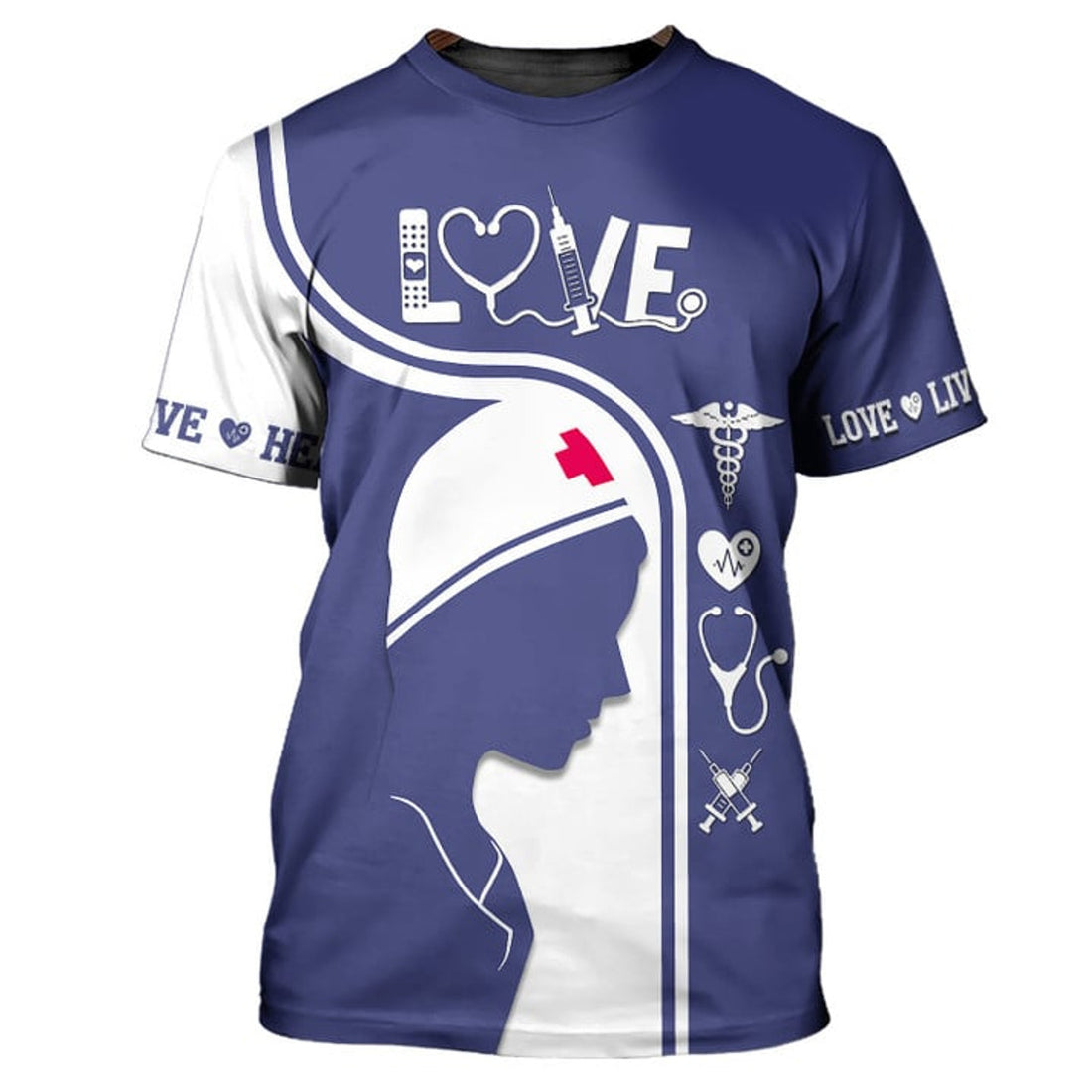 FUNSTUFFPRINT Love Live Health 3D Printed Nurse Shirt, Heal Nurse Blue Nurse T-Shirt Women 3D T-shirt