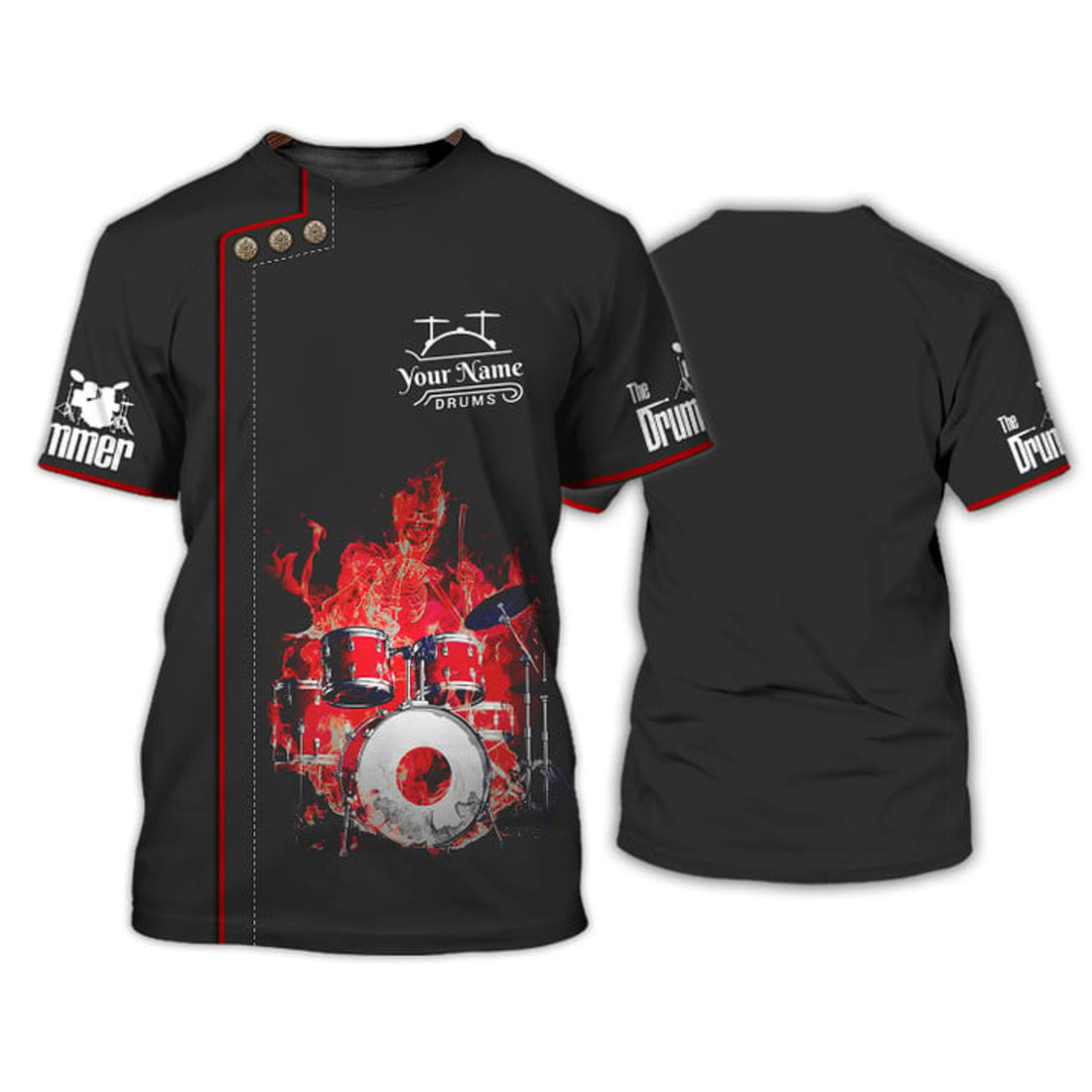 FUNSTUFFPRINT Drummer T-shirt Drummer Personalized Tee Shirt Black Non Workwear, Drum Team Uniform 3D T-shirt