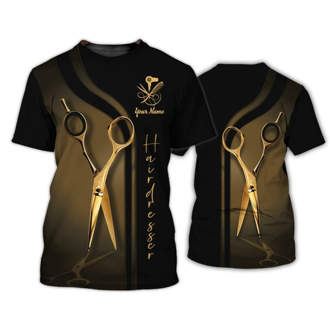FUNSTUFFPRINT Golden Hairdresser Custom T-Shirt Hair Salon Uniform HairstylisT-Shirts 3D T-shirt