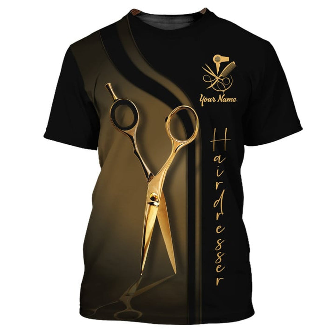 FUNSTUFFPRINT Golden Hairdresser Custom T-Shirt Hair Salon Uniform HairstylisT-Shirts 3D T-shirt