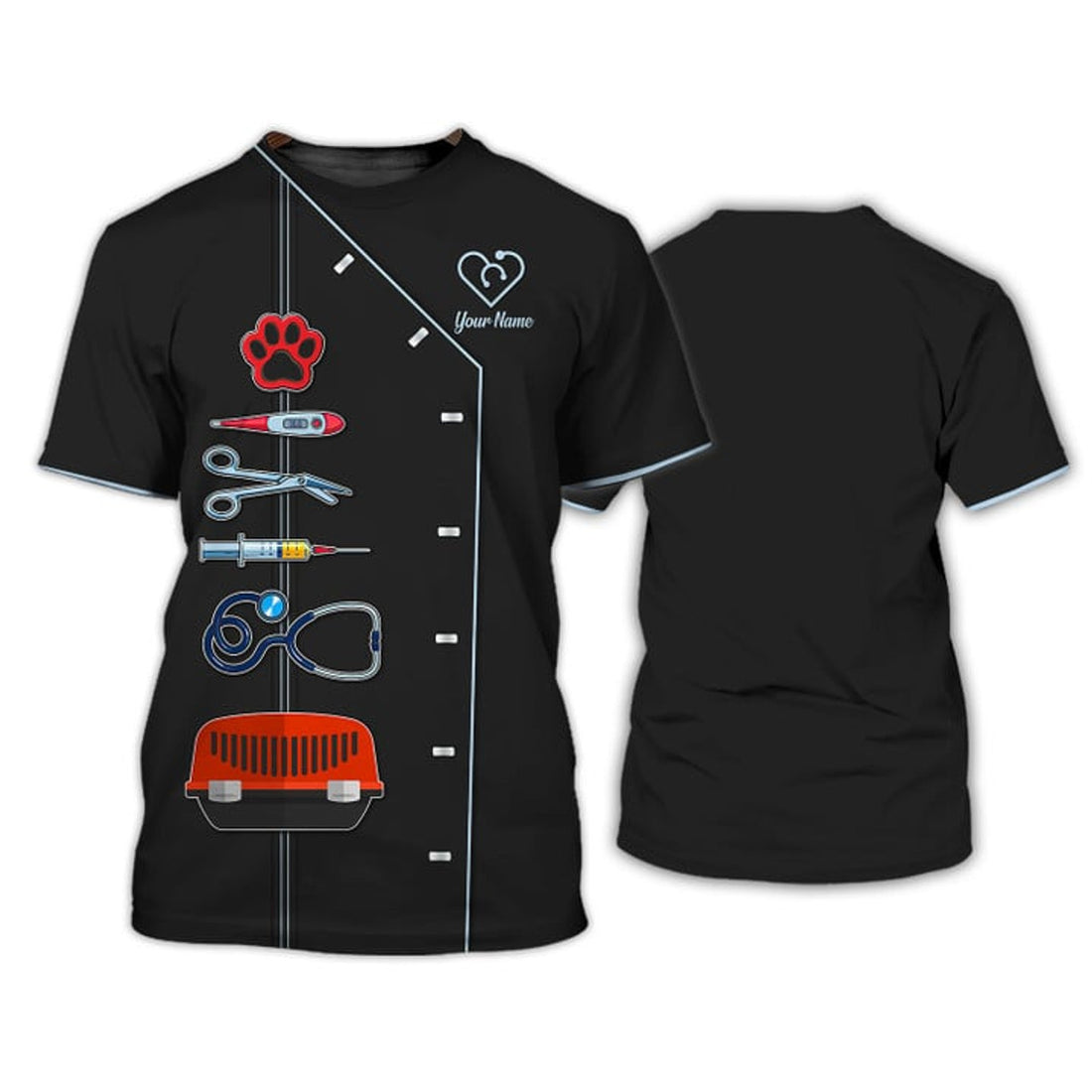 FUNSTUFFPRINT Black Pet Veterinarian Tool Uniform Personalized Name Veterinary 3D T-Shirt