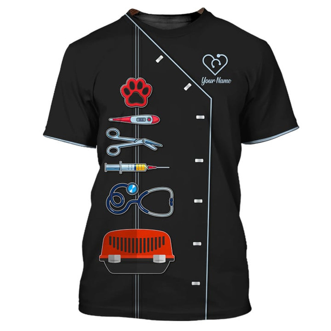 FUNSTUFFPRINT Black Pet Veterinarian Tool Uniform Personalized Name Veterinary 3D T-Shirt