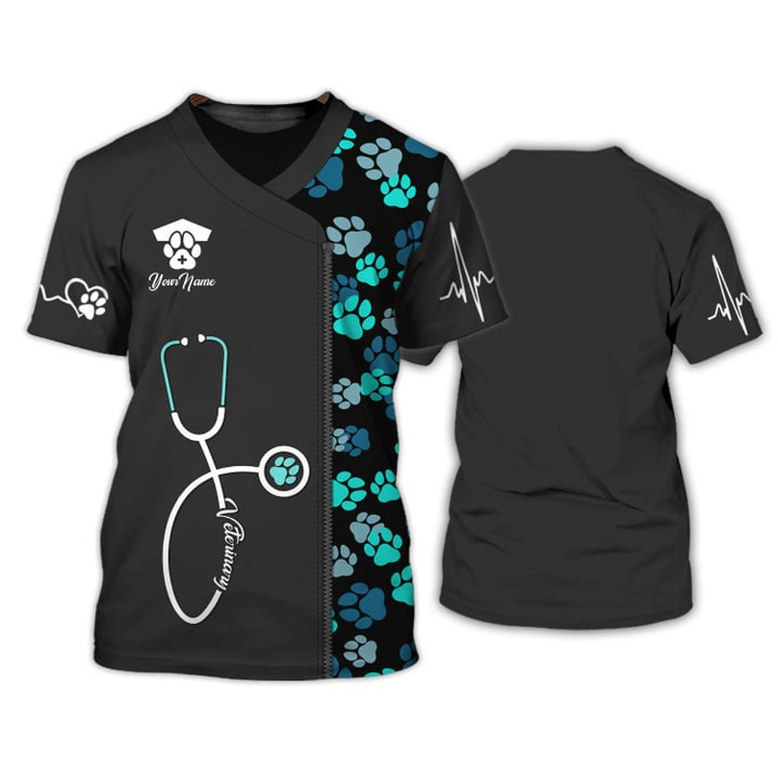 FUNSTUFFPRINT Green Animal Heart Beat Veterinarian Uniform Personalized Name 3D T-Shirt