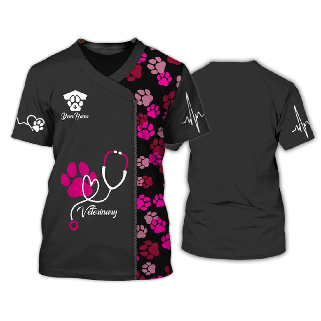 FUNSTUFFPRINT Black Pink Animal Veterinarian Uniform Personalized Name Paw Pattern 3D T-Shirt