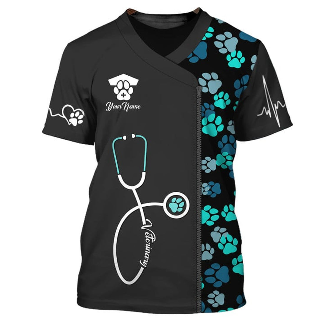 FUNSTUFFPRINT Green Animal Heart Beat Veterinarian Uniform Personalized Name 3D T-Shirt