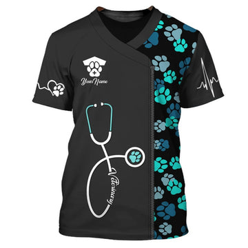 FUNSTUFFPRINT Green Animal Heart Beat Veterinarian Uniform Personalized Name 3D T-Shirt