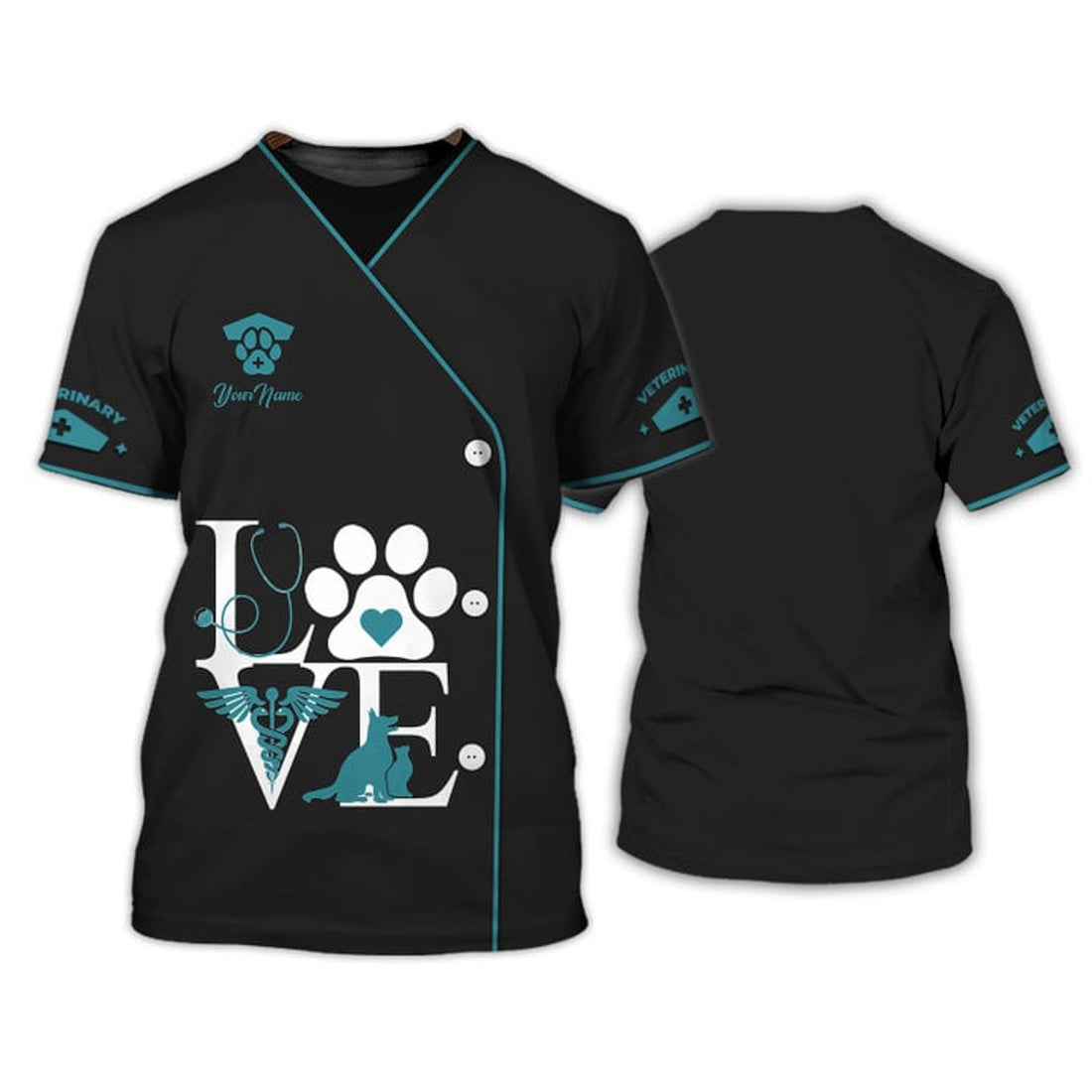FUNSTUFFPRINT Green Pet Veterinarian Uniform Personalized Name 3D T-Shirt, Love Veterinarian Pe3D T-shirt