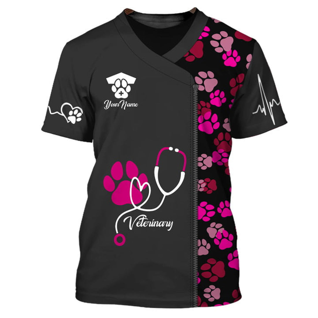 FUNSTUFFPRINT Black Pink Animal Veterinarian Uniform Personalized Name Paw Pattern 3D T-Shirt