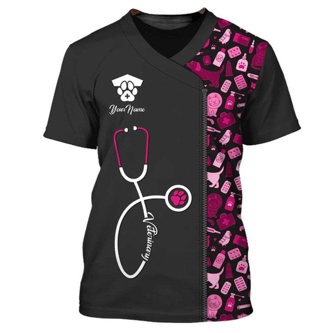 FUNSTUFFPRINT Black Pink Pet Veterinarian Tool Uniform Personalized Name Veterinary 3D T-Shirt