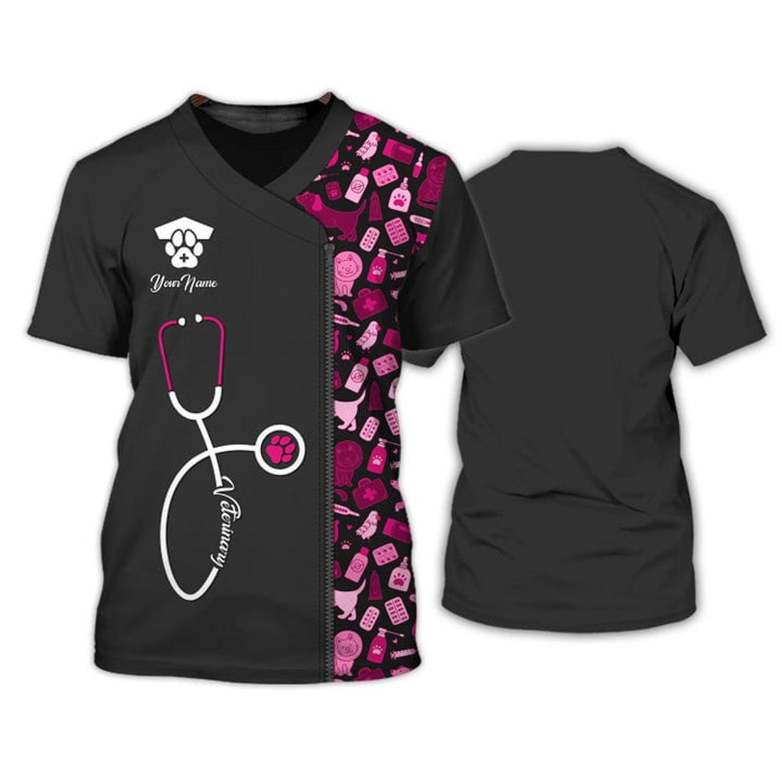 FUNSTUFFPRINT Black Pink Pet Veterinarian Tool Uniform Personalized Name Veterinary 3D T-Shirt