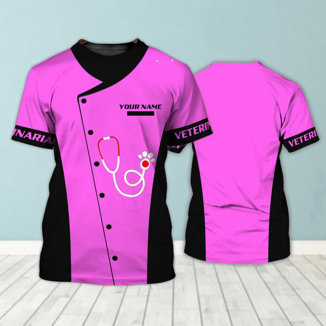 FUNSTUFFPRINT Veterinarian Uniform Black Pink Custom Name 3D Shirts (Non workwear) 3D T-shirt