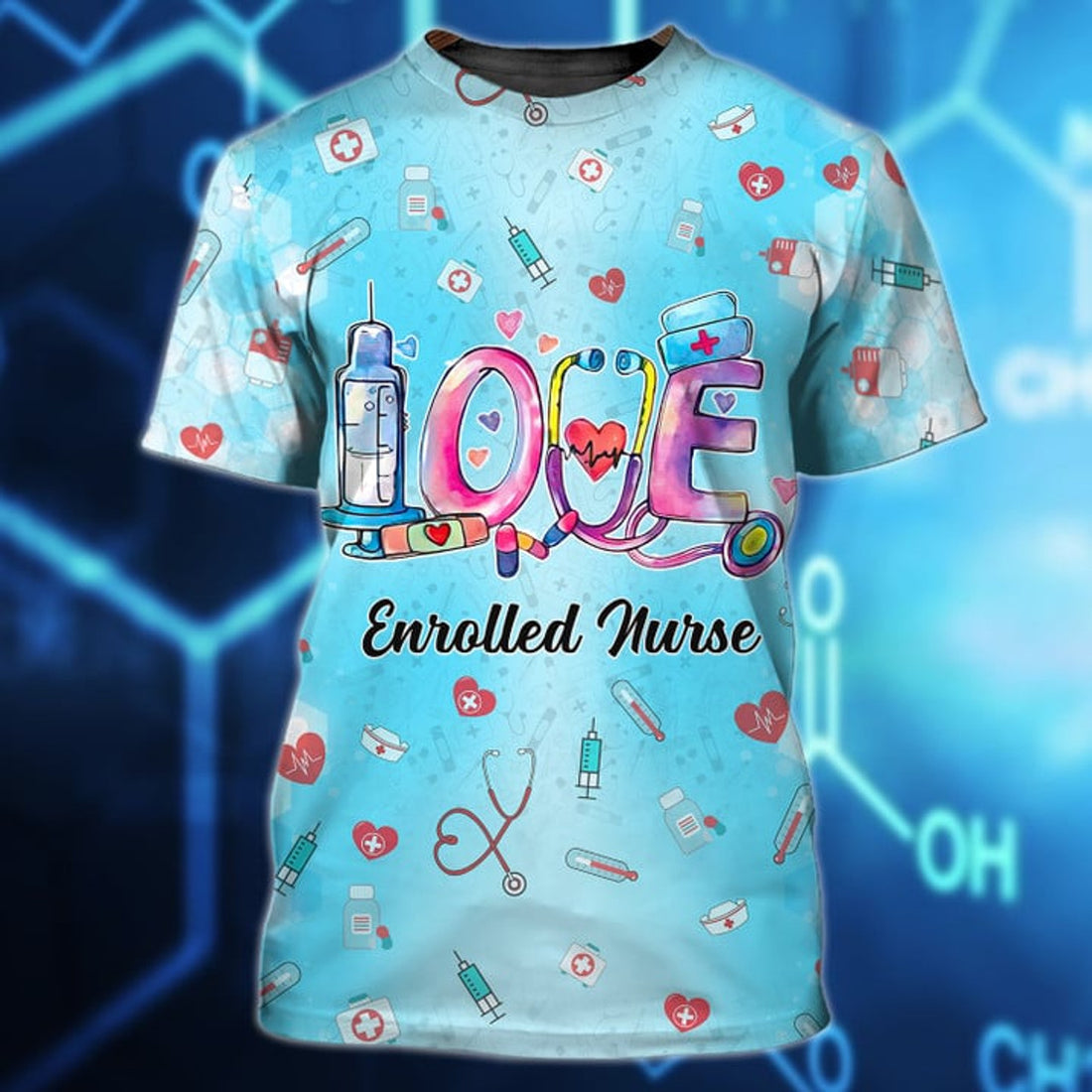 FUNSTUFFPRINT Personalized 3D Print Nursing Tools Pattern Nurse Shirt, Enrolled Nurse Love 3D Shirts 3D T-shirt