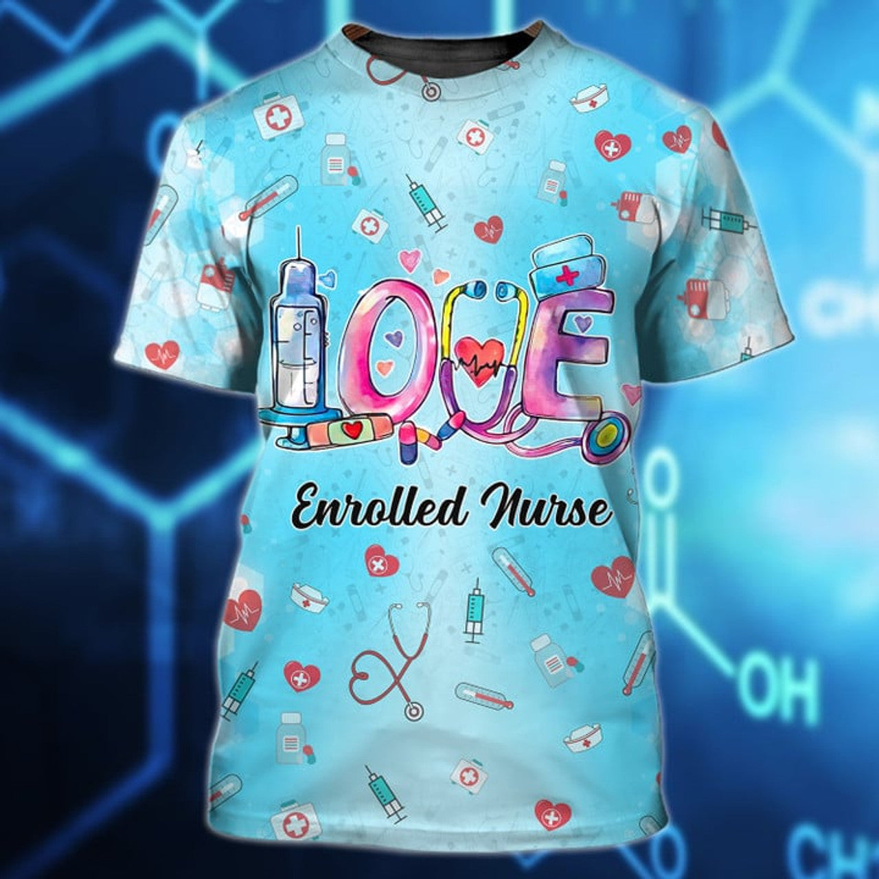 FUNSTUFFPRINT Personalized 3D Print Nursing Tools Pattern Nurse Shirt, Enrolled Nurse Love 3D Shirts 3D T-shirt