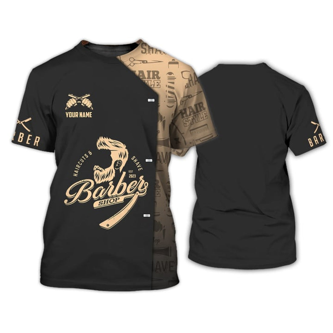 FUNSTUFFPRINT Personalized Name Golden Haircut & Shaves Barber Shop, Idea Gift for Barber Shop 3D T-shirt