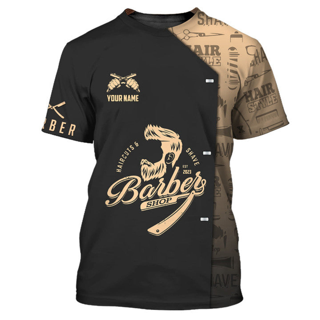 FUNSTUFFPRINT Personalized Name Golden Haircut & Shaves Barber Shop, Idea Gift for Barber Shop 3D T-shirt