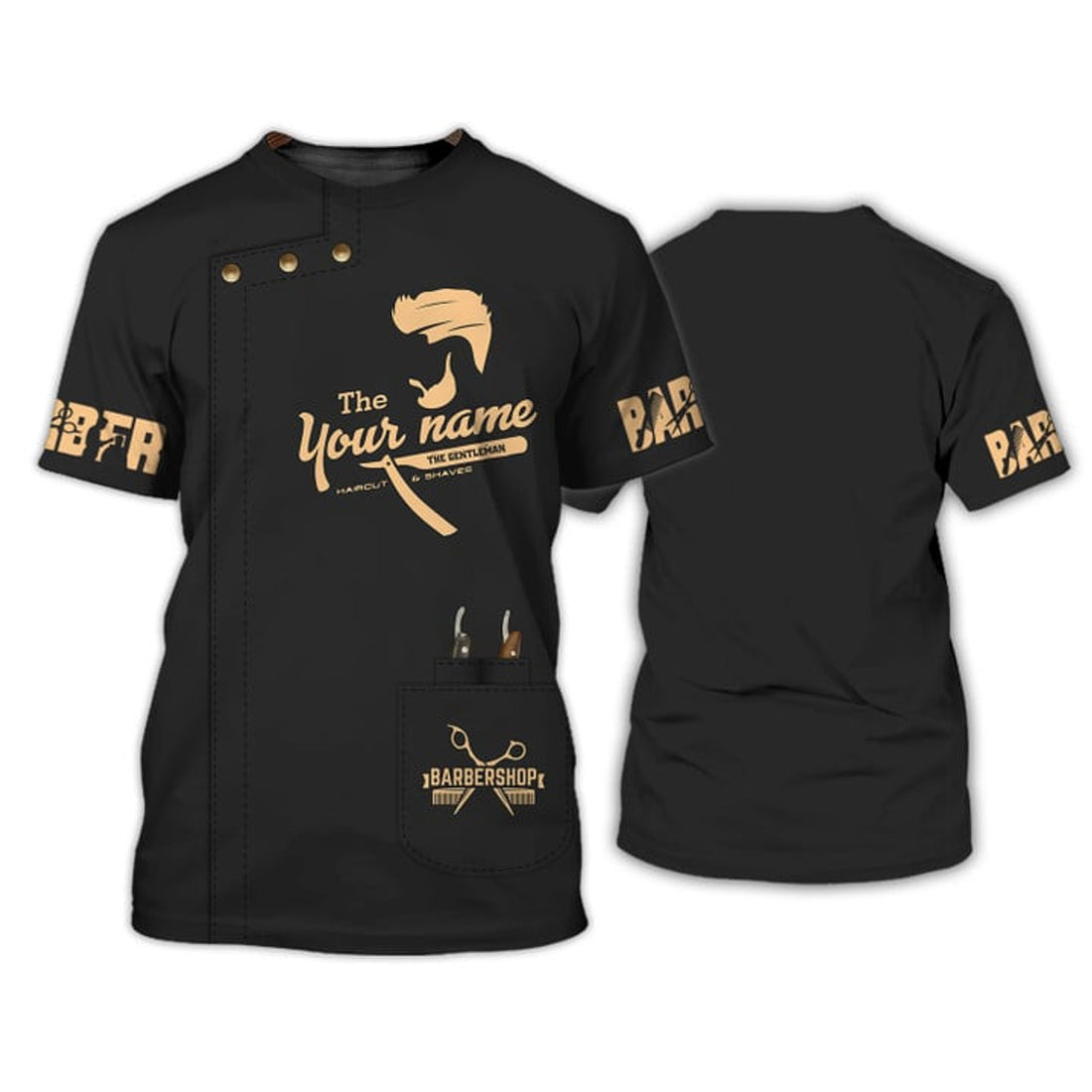 FUNSTUFFPRINT 3D All Over Print Golden Haircut & Shaves Shirt, Custom Barber Uniform Black & Red, Barber Shirt 3D T-shirt