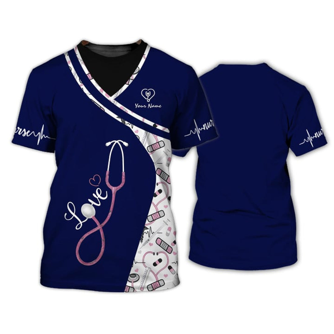FUNSTUFFPRINT Navy Pattern Custom Nurse Uniform Nursing Tools 3D Shirts Nurse T-Shirt, Nurse Clothing Shirt 3D T-shirt