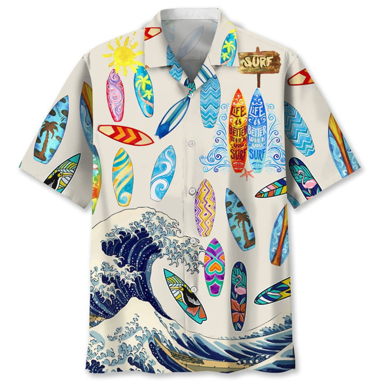 Surfing Hawaiian Nature Hawaiian Shirt, Aloha Shirts Short Sleeve Beach Holiday Casual Shirts