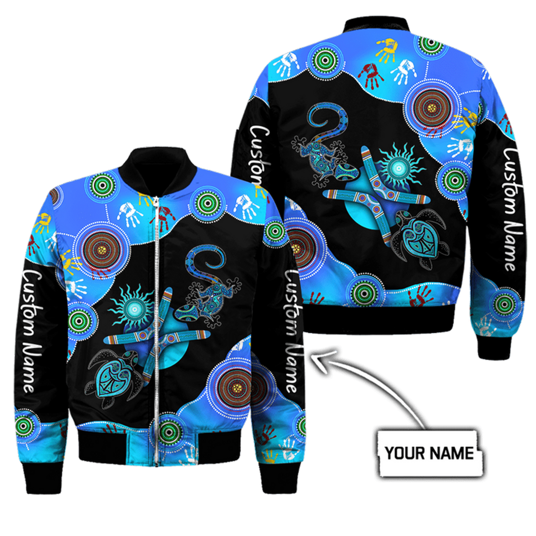 FUNSTUFFPRINT Custom name Aboriginal Naidoc Week Blue Turtle Lizard 3D Bomber Jacket