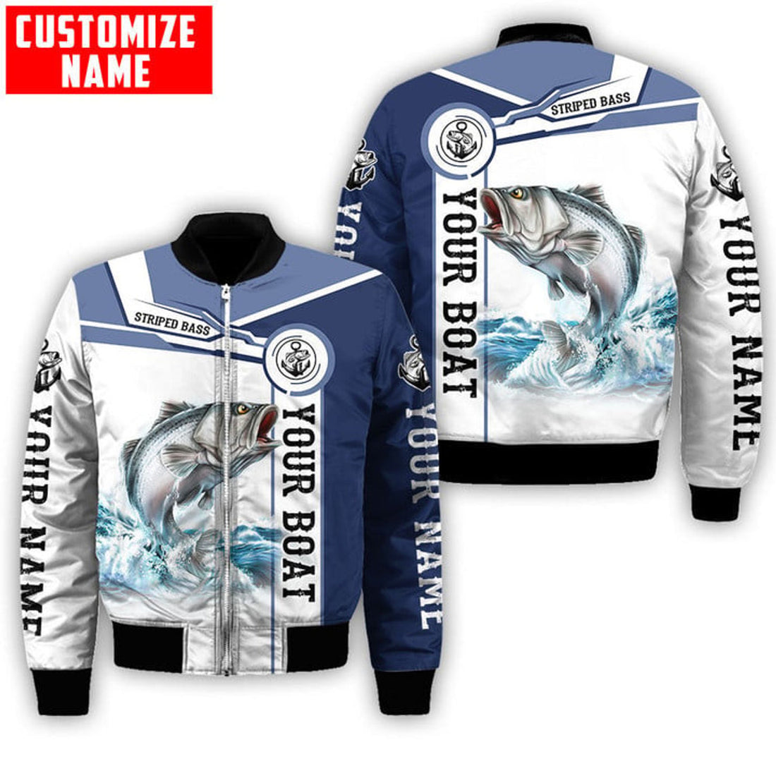 FUNSTUFFPRINT Custom name Striped Bass fishing Catch and Release D Design Fishing 3D Bomber Jacket