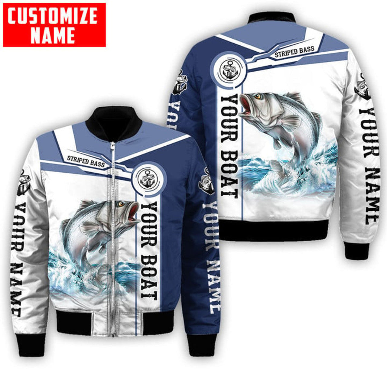 FUNSTUFFPRINT Custom name Striped Bass fishing Catch and Release D Design Fishing 3D Bomber Jacket